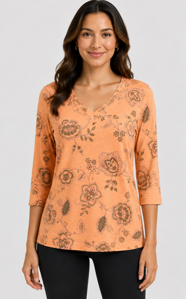 Prairie Cotton by CMC Soft Cotton Printed 3/4 Sleeve V-Neck Top - FF268/P - FRESH FLORAL