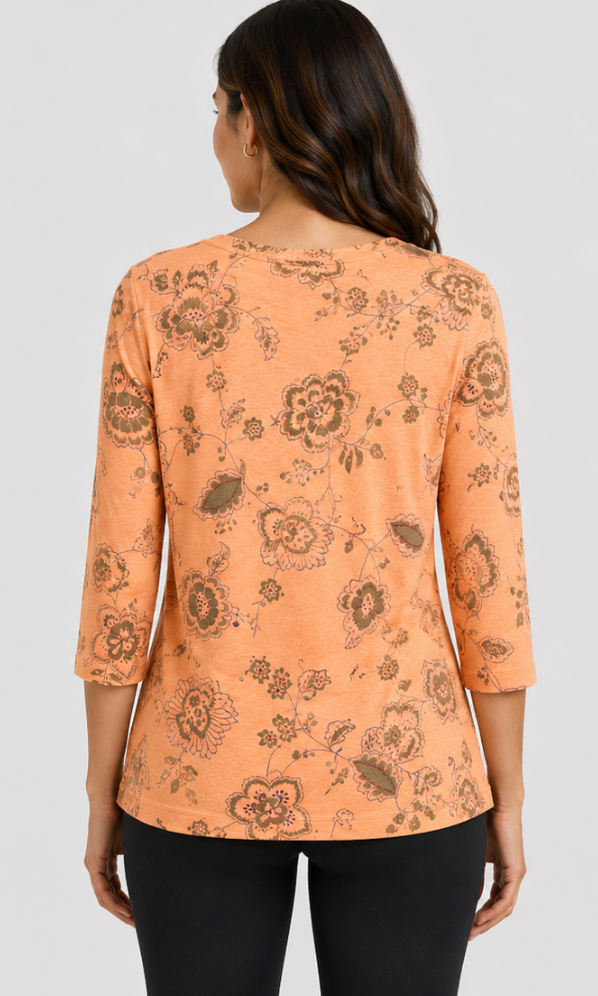 Prairie Cotton by CMC Soft Cotton Printed 3/4 Sleeve V-Neck Top - FF268/P - FRESH FLORAL