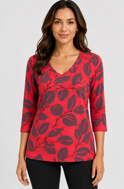 Prairie Cotton by CMC Soft Cotton Printed 3/4 Sleeve V-Neck Top - DL268/P - DEN LEAVES