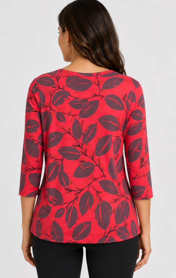 Prairie Cotton by CMC Soft Cotton Printed 3/4 Sleeve V-Neck Top - DL268/P - DEN LEAVES