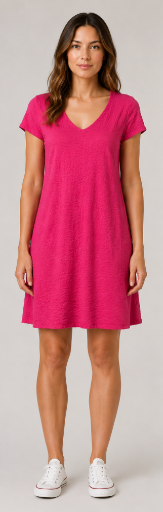 Color Me Cotton CMC Crushed Cuprotine Solid Short Sleeve V-Neck Dress - C9127
