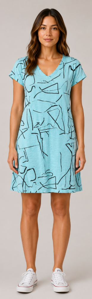 Color Me Cotton CMC Crushed Cuprotine Printed Short Sleeve V-Neck Dress - CS9127 - SUGARCANE