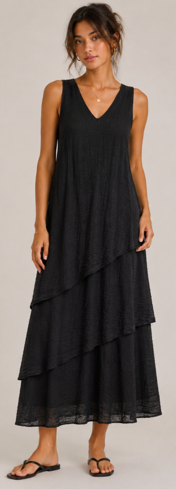 Color Me Cotton CMC Crushed Cuprotine Solid 3 Tier Long Dress - C9969