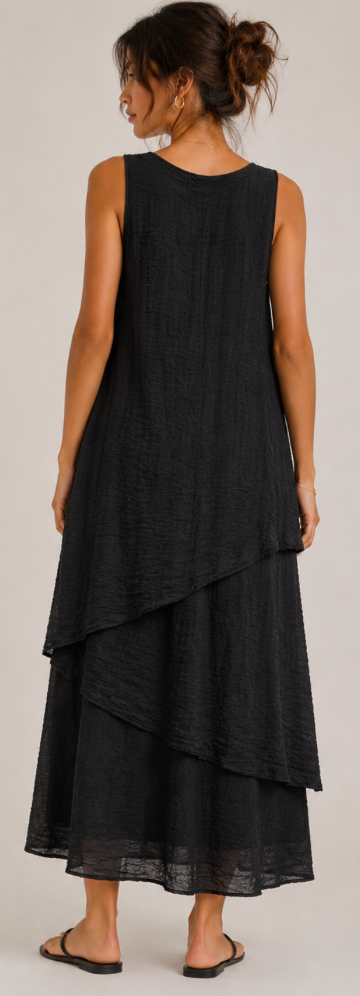 Color Me Cotton CMC Crushed Cuprotine Solid 3 Tier Long Dress - C9969