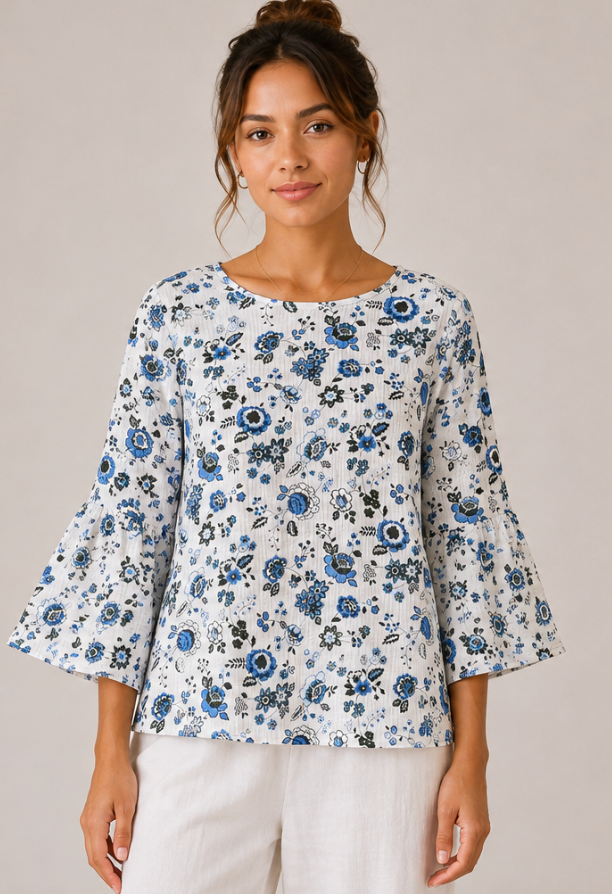 Color Me Cotton CMC Double Gauze Printed 3/4 Shirred Sleeve Dress - GFB5401 - FLORAL BLUES