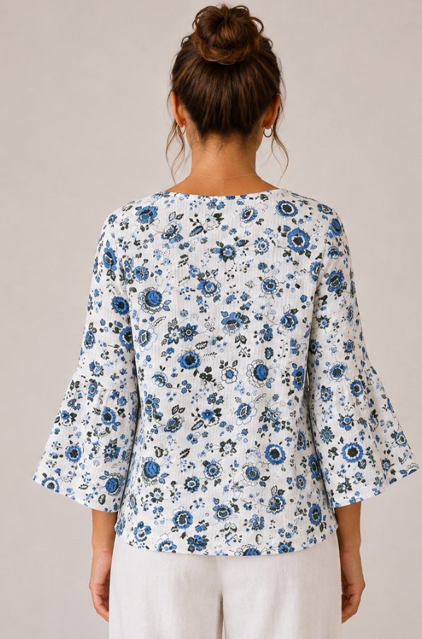 Color Me Cotton CMC Double Gauze Printed 3/4 Shirred Sleeve Dress - GFB5401 - FLORAL BLUES