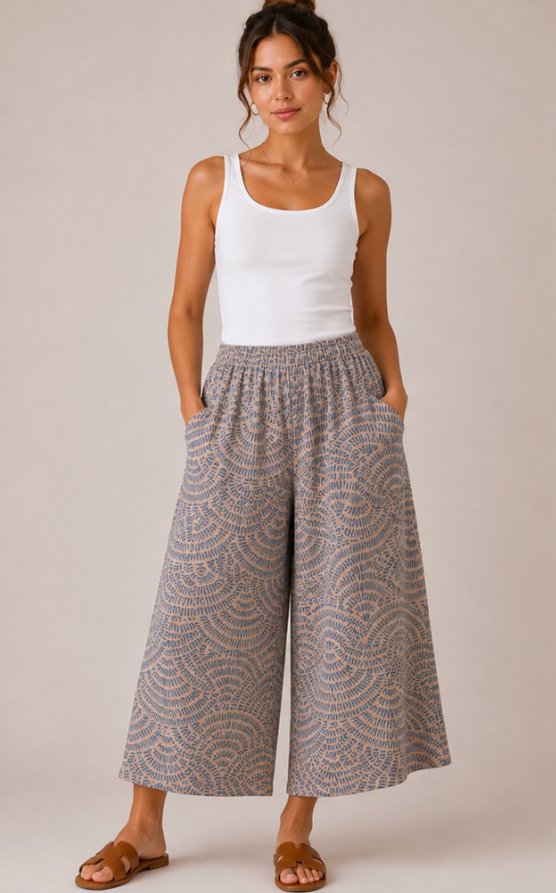 Color Me Cotton CMC Double Gauze Printed Pocket Culotte Pant - GFB5600 - FLORAL BLUES