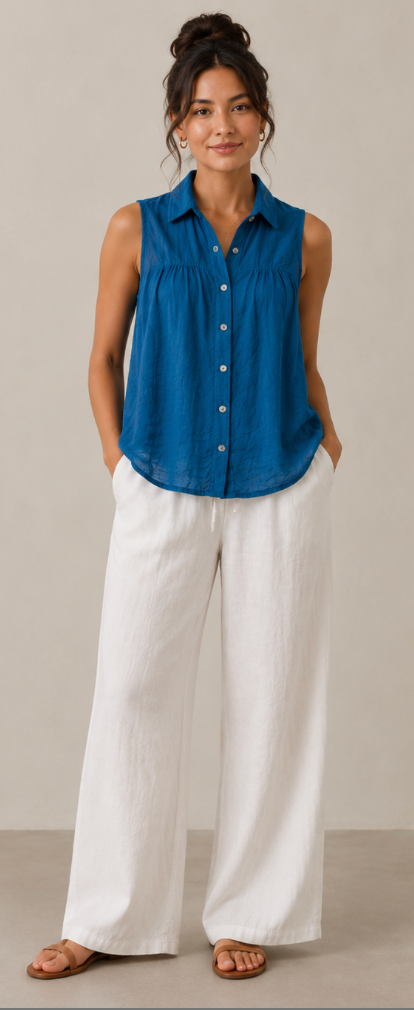 Color Me Cotton CMC Crushed Cuprotine Sleeveless Button Down Solid Blouse - C1003