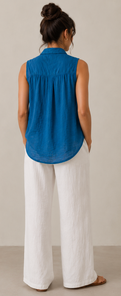 Color Me Cotton CMC Crushed Cuprotine Sleeveless Button Down Solid Blouse - C1003