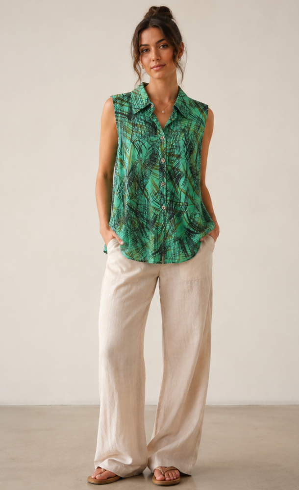 Color Me Cotton CMC Crushed Cuprotine Sleeveless Button Down Printed Blouse - CS1003/P - SUGARCANE