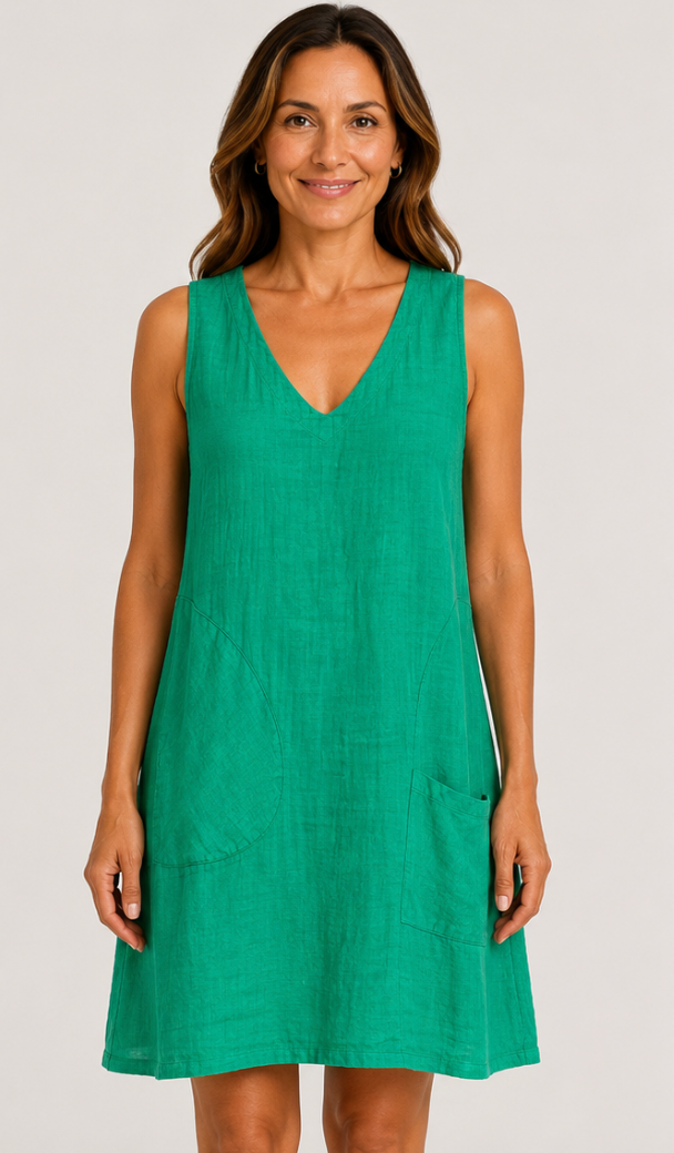 Color Me Cotton CMC Linen Asymmetrical Pocket V-Neck Solid Dress - 8768