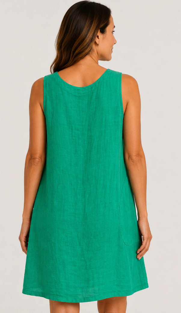 Color Me Cotton CMC Linen Asymmetrical Pocket V-Neck Solid Dress - 8768