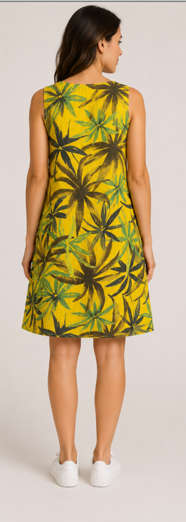Color Me Cotton CMC Linen Sleeveless Printed Dress - TL8848 - TROPICAL LEAVES