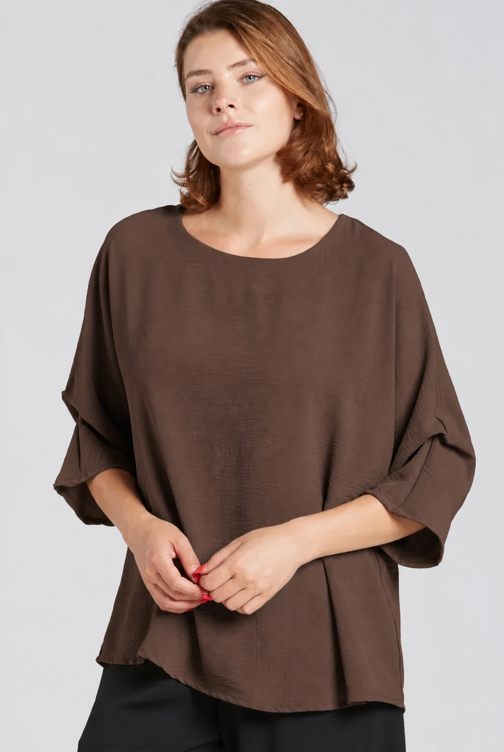 Sydney Project Dani Button Back 1/2 Sleeve Ruched Top - AFT1137 - CHOCOLATE