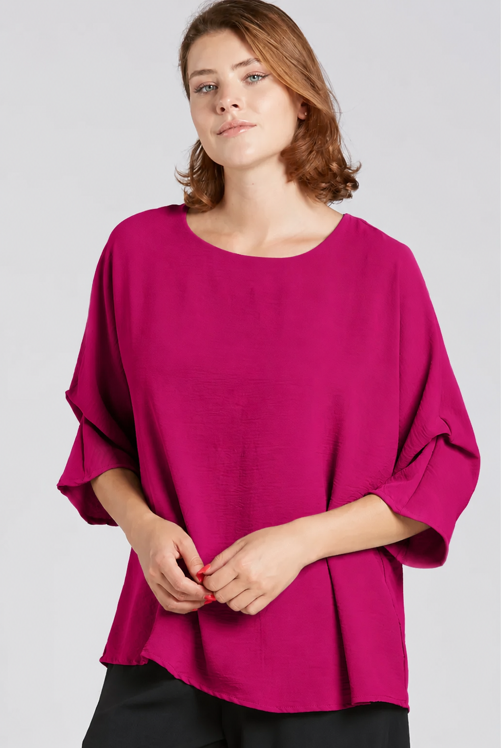 Sydney Project Dani Button Back 1/2 Sleeve Ruched Top - AFT1137 - MAGENTA