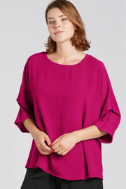 Sydney Project Dani Button Back 1/2 Sleeve Ruched Top - AFT1137 - MAGENTA