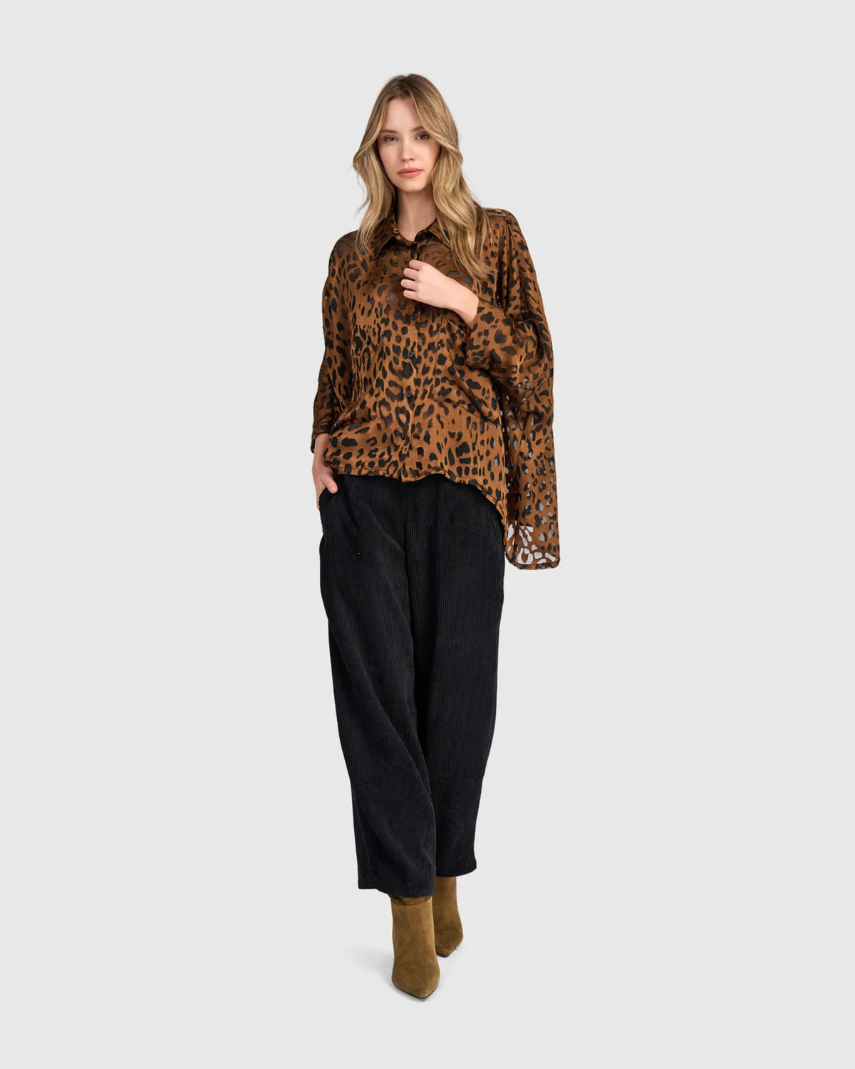 ALEMBIKA Bodhi Draped Viscose Blouse - AT823C - COGNAC LEOPARD