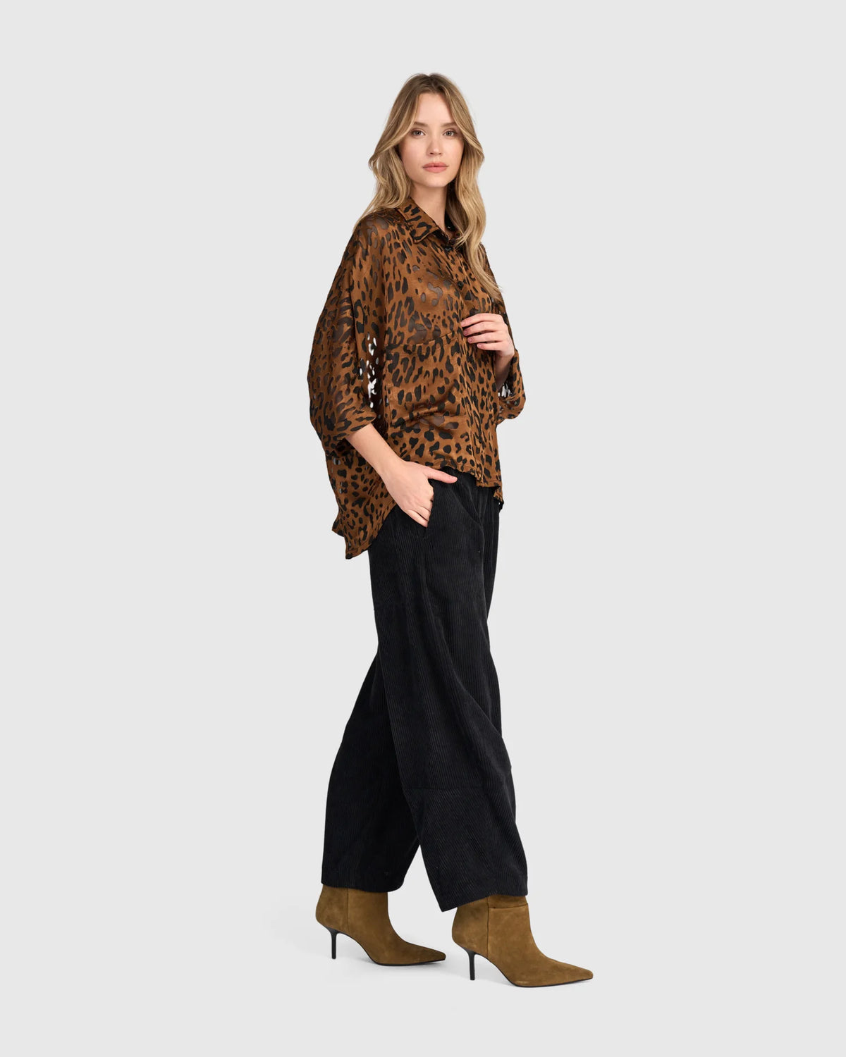 ALEMBIKA Bodhi Draped Viscose Blouse - AT823C - COGNAC LEOPARD