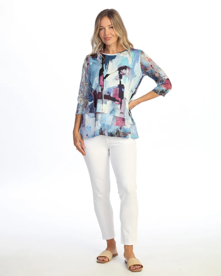 JESS & JANE ITY Top w/ Diagonal Crochet Mesh Contrast Hem and Sleeves - TY6-2325 - LAGUNA