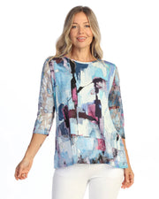 JESS & JANE ITY Top w/ Diagonal Crochet Mesh Contrast Hem and Sleeves - TY6-2325 - LAGUNA