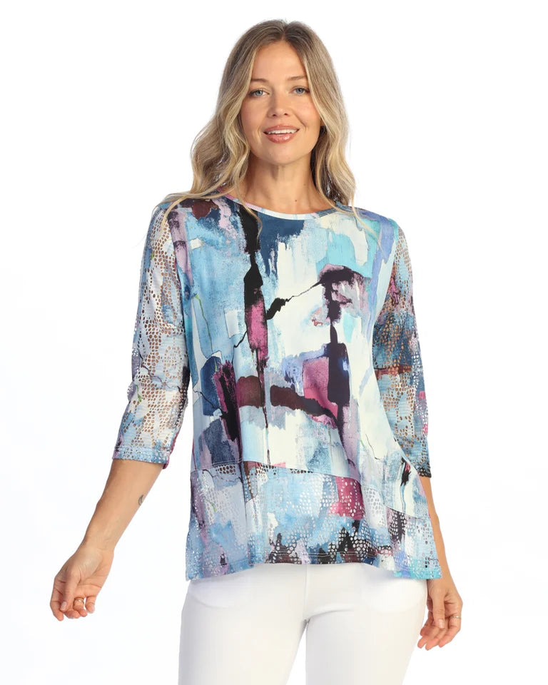 JESS & JANE ITY Top w/ Diagonal Crochet Mesh Contrast Hem and Sleeves - TY6-2325 - LAGUNA