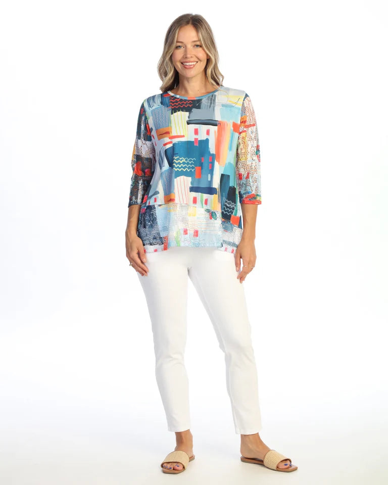 JESS & JANE ITY Top w/ Diagonal Crochet Mesh Contrast Hem and Sleeves - TY6-2327 - MURANO
