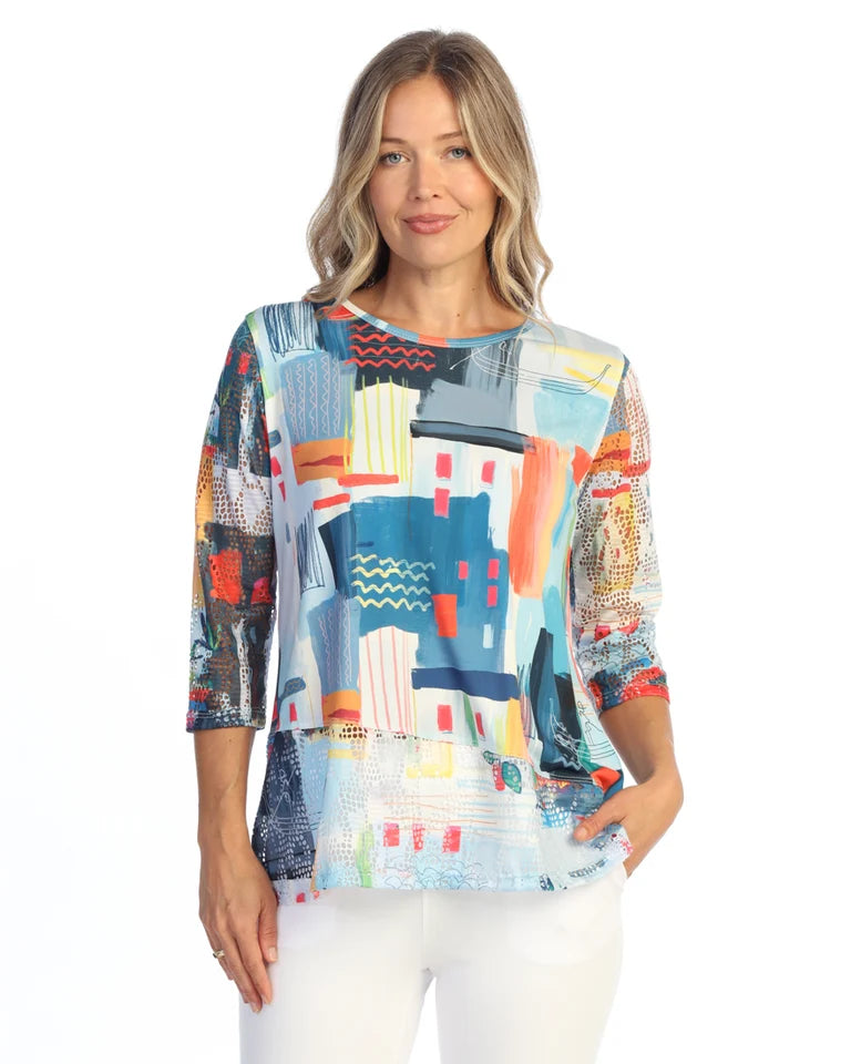 JESS & JANE ITY Top w/ Diagonal Crochet Mesh Contrast Hem and Sleeves - TY6-2327 - MURANO