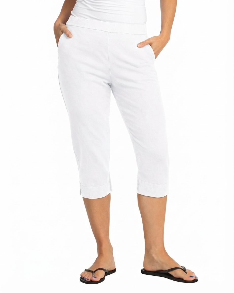 JESS & JANE Cotton Spandex Slim Capri Pants w/ Pockets - M158 - WHITE