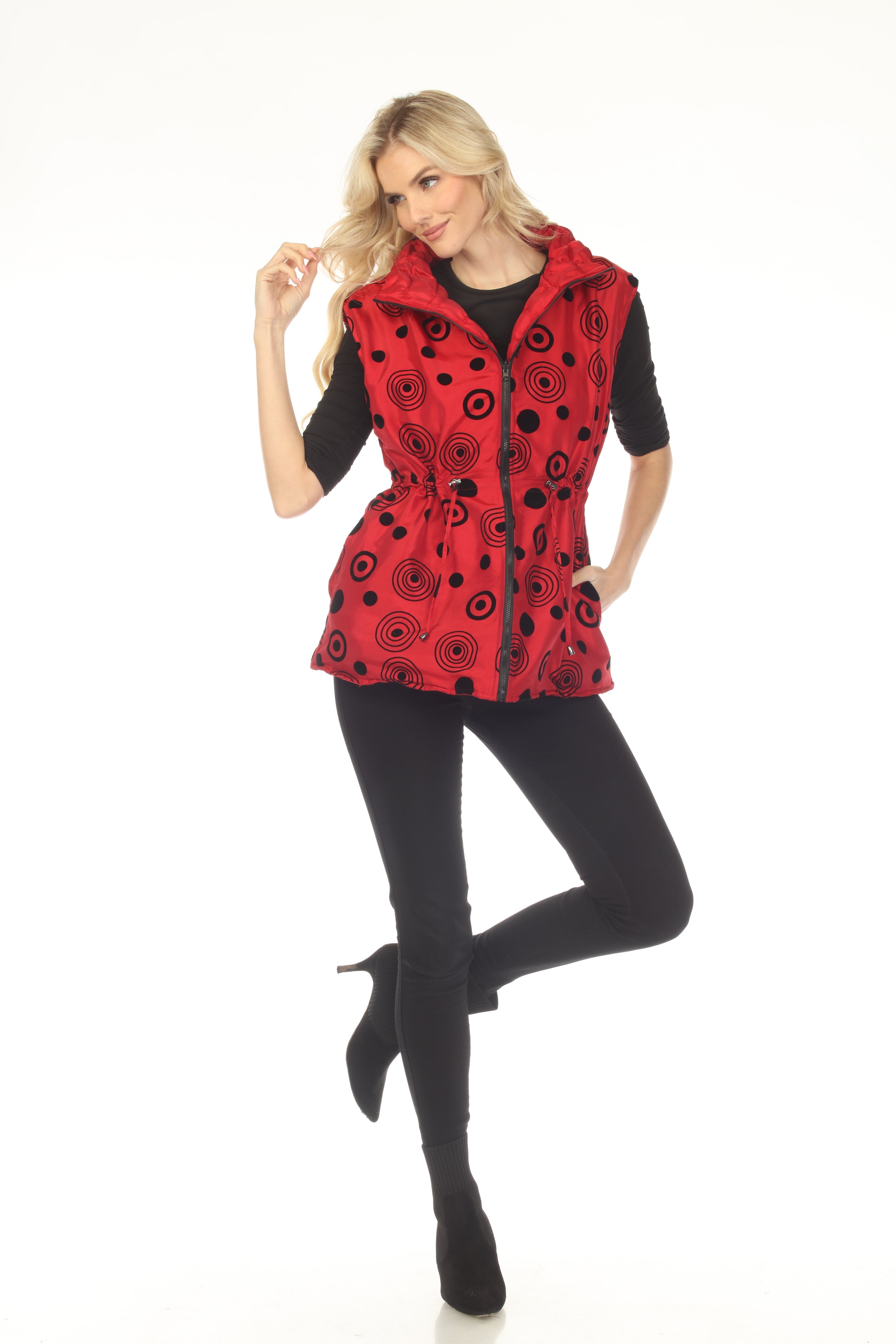 Oopera Reversible Puffer Circular Pattern Vest - Scarlett Red - V2618RW-2