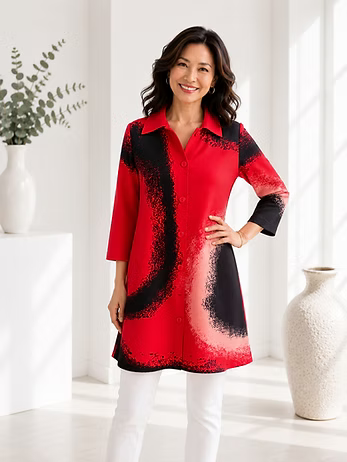 Vanite Couture Button Front Pleated Abstract Print Jacket/Dress - 22060 - RED