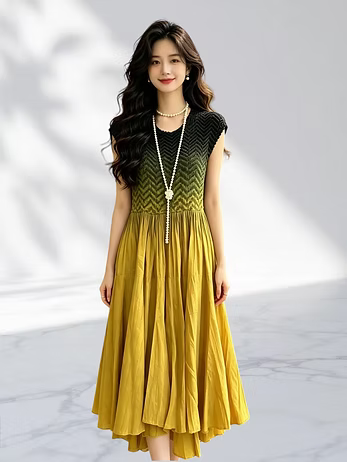Vanite Couture Pleated Cap Sleeve Ombre Dress - 22138 - MUSTARD