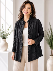 Vanite Couture Crushed Pleated Textured Open Front Jacket - 2316 - BLACK