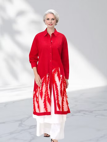 Vanite Couture Button Front Bottom Detail Long Jacket - 32939 - RED