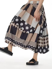 Vanite Couture Mixed Media Stripes and Polka Dots Long Skirt - 68182 - TAN MULTI
