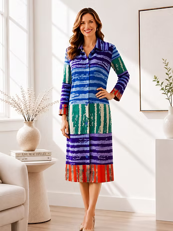Vanite Couture Button Front Striped Color Block Long Duster - 80000 - BLUE/GREEN MULTI