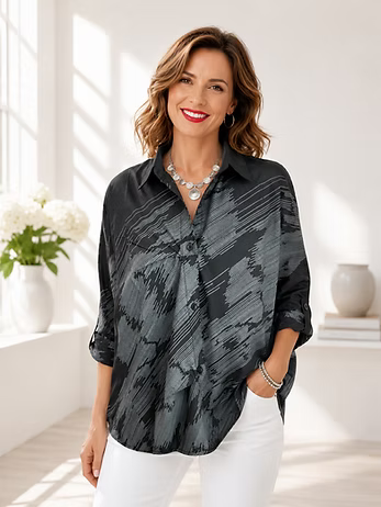 Vanite Couture Button Front Abstract Print Top - 80001 - BLACK