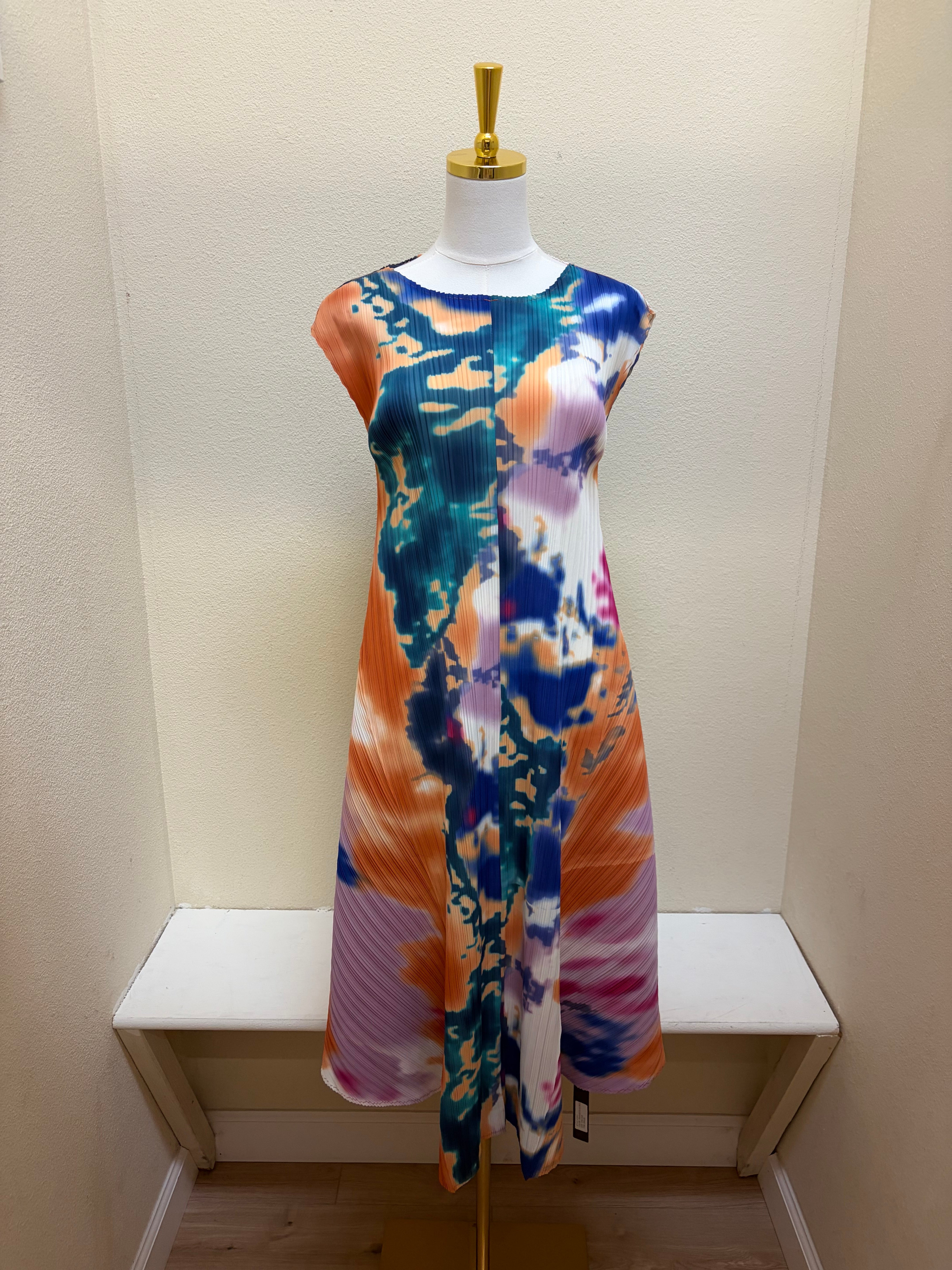 Vanite Couture Abstract Sleeveless Ribbed Dress - 87813 - ORANGE/BLUE MULTI