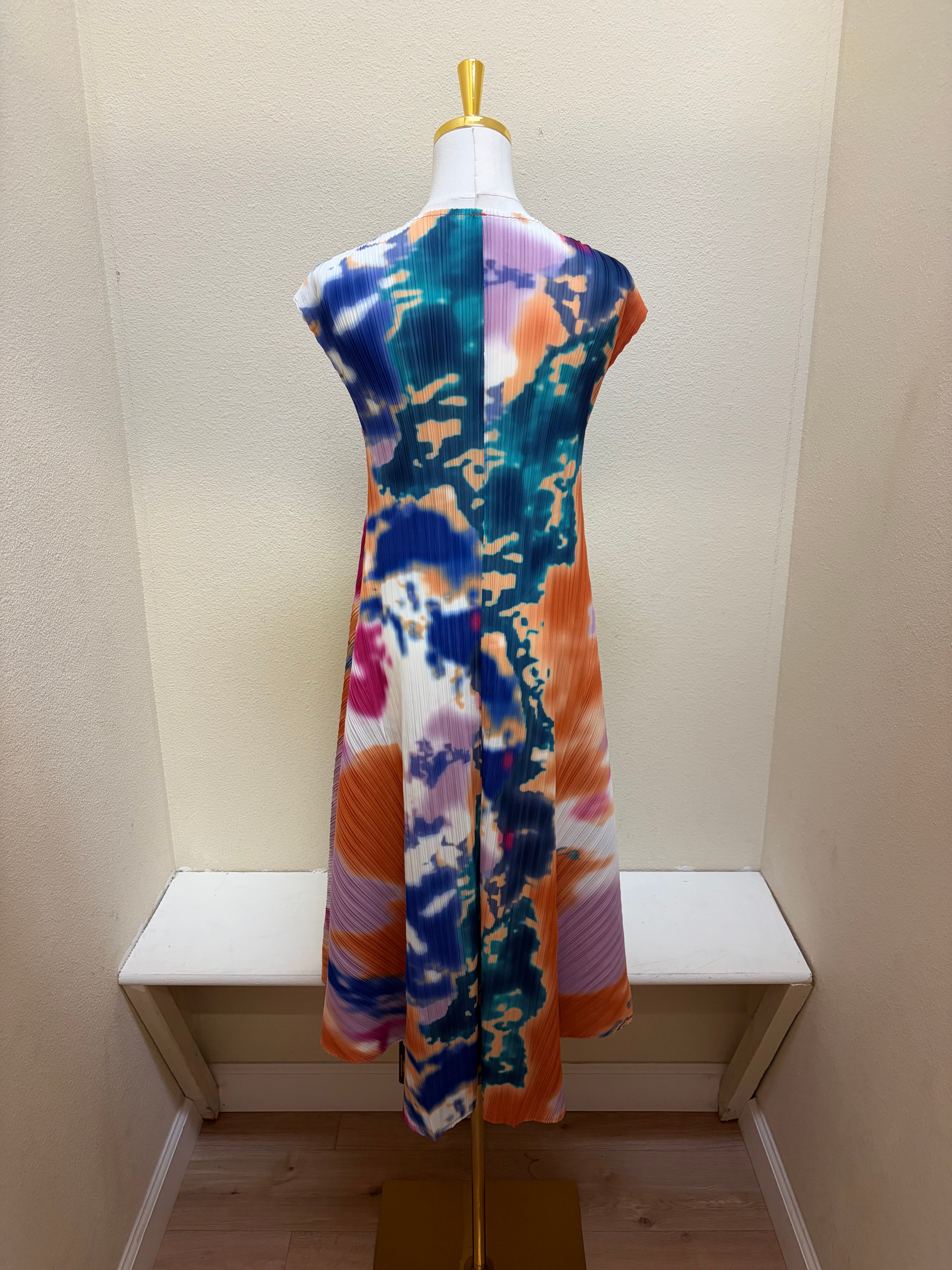 Vanite Couture Abstract Sleeveless Ribbed Dress - 87813 - ORANGE/BLUE MULTI
