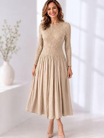 Vanite Couture Textured and Pleated Dress - 88076-1 - SAND