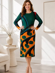 Vanite Couture Abstract Pleated Dress - 88084 - GREEN/ORANGE