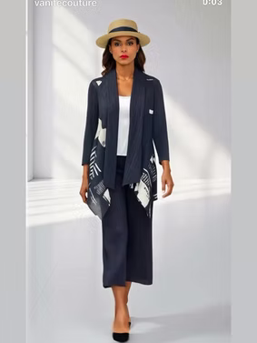 Vanite Couture Open Front Textured Shark Bite Hem Duster - 88114 - BLACK/WHITE