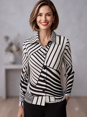 Vanite Couture Button Front Line Patterned Top - 88334 - WHITE/BLACK