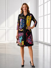 Vanite Couture Button Front Artistic Color Block Jacket/Dress - 9961 - BLACK MULTI