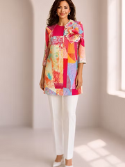 Vanite Couture Abstract Pattern Flower Detail Jacket - L107 - ORANGE/RED MULTI