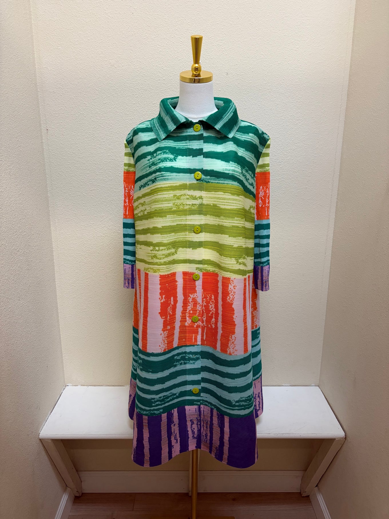 Vanite Couture Button Front Striped Color Block Long Duster - 80000 - BLUE/GREEN MULTI