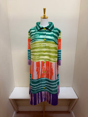 Vanite Couture Button Front Striped Color Block Long Duster - 80000 - BLUE/GREEN MULTI