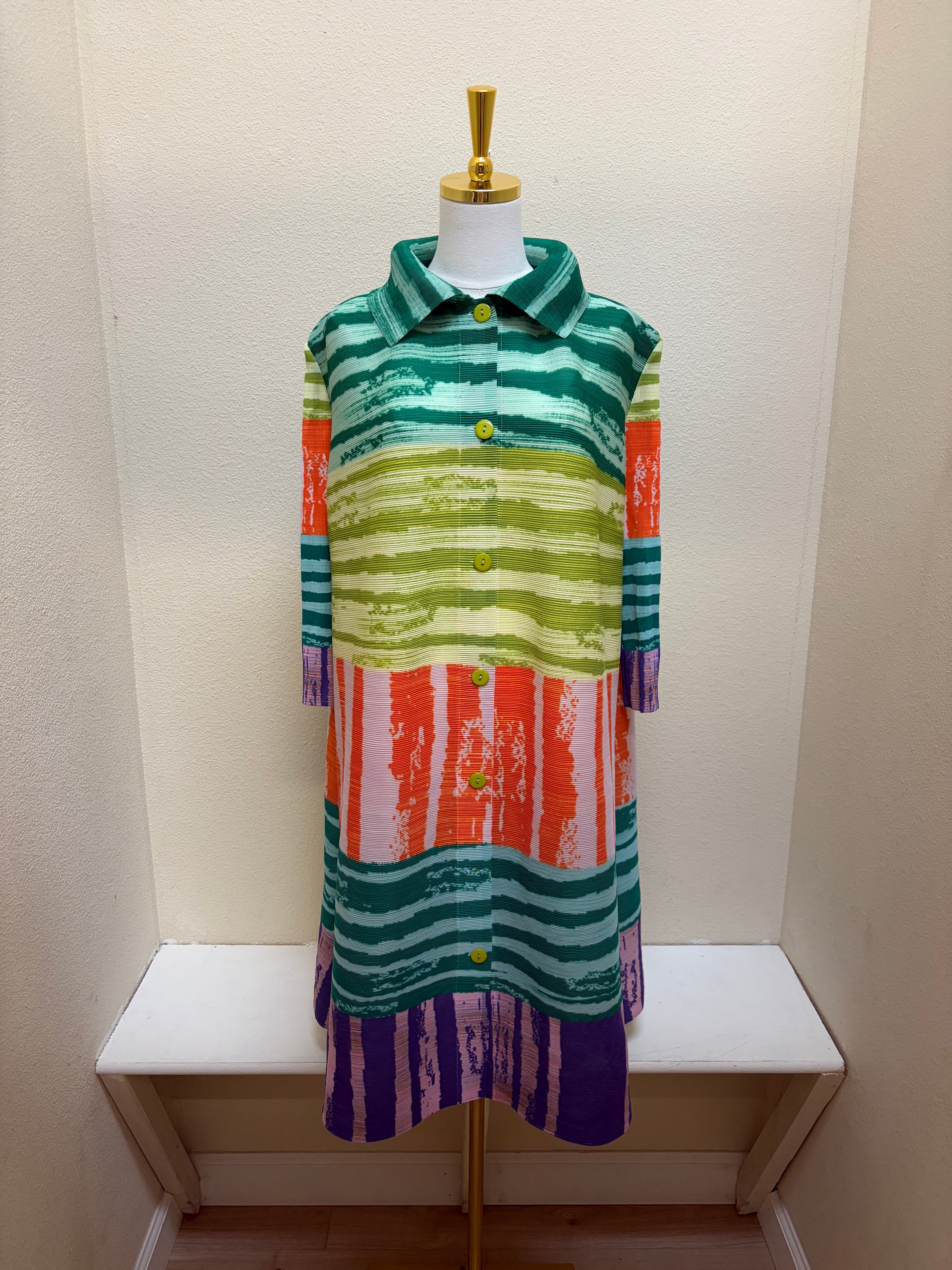 Vanite Couture Button Front Striped Color Block Long Duster - 80000 - BLUE/GREEN MULTI
