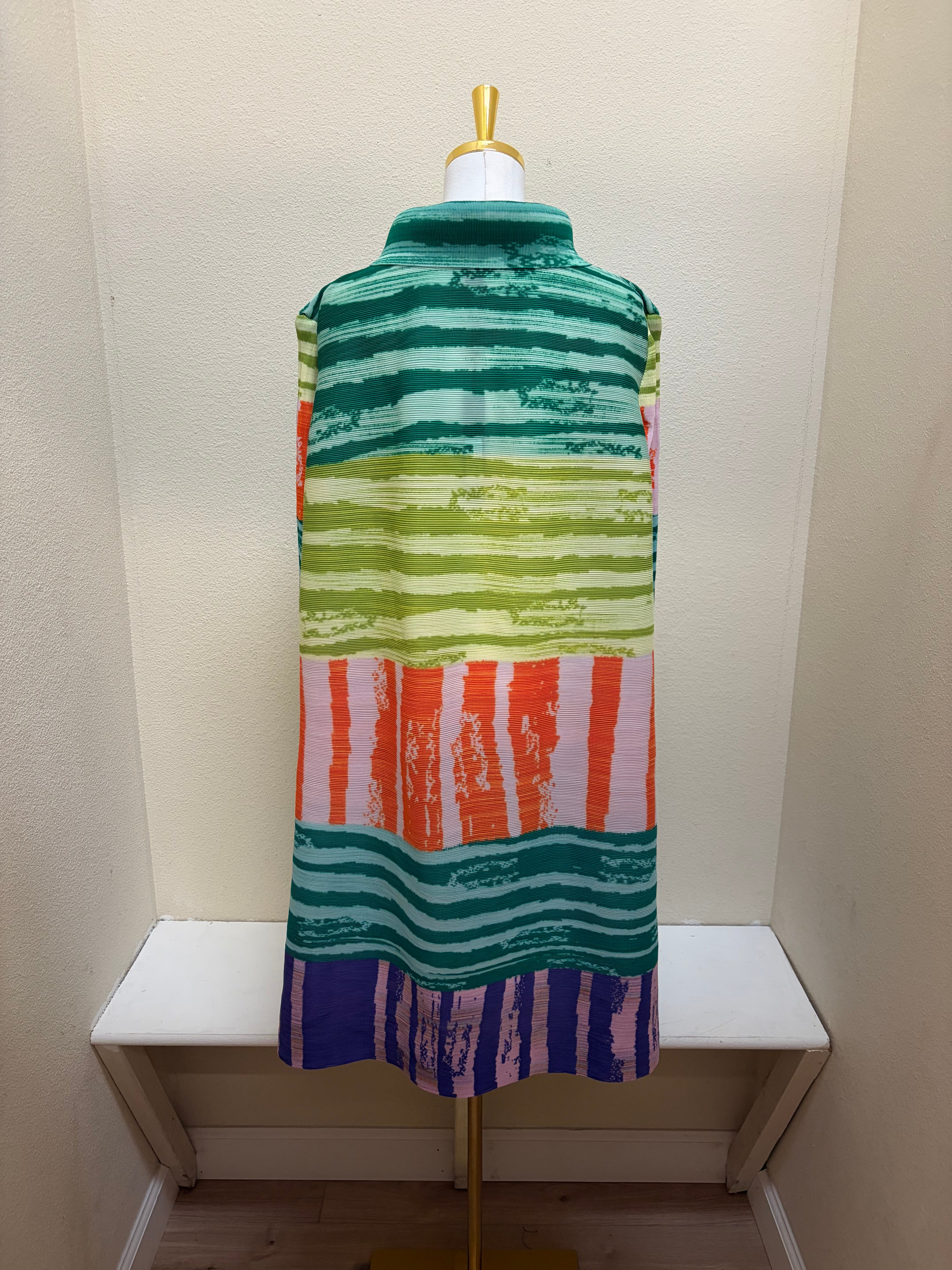 Vanite Couture Button Front Striped Color Block Long Duster - 80000 - BLUE/GREEN MULTI