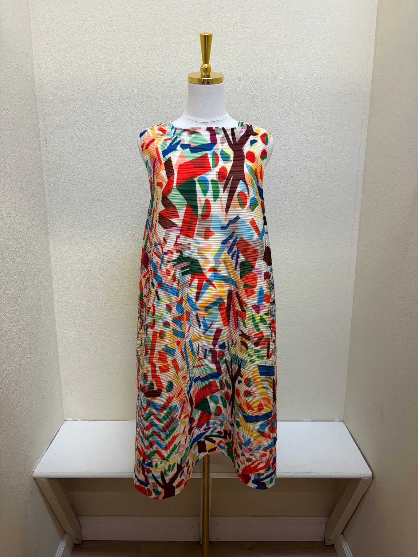 Vanite Couture Abstract Artistic Sleeveless Ribbed Dress - 88636 - CREAM/ORANGE MULTI