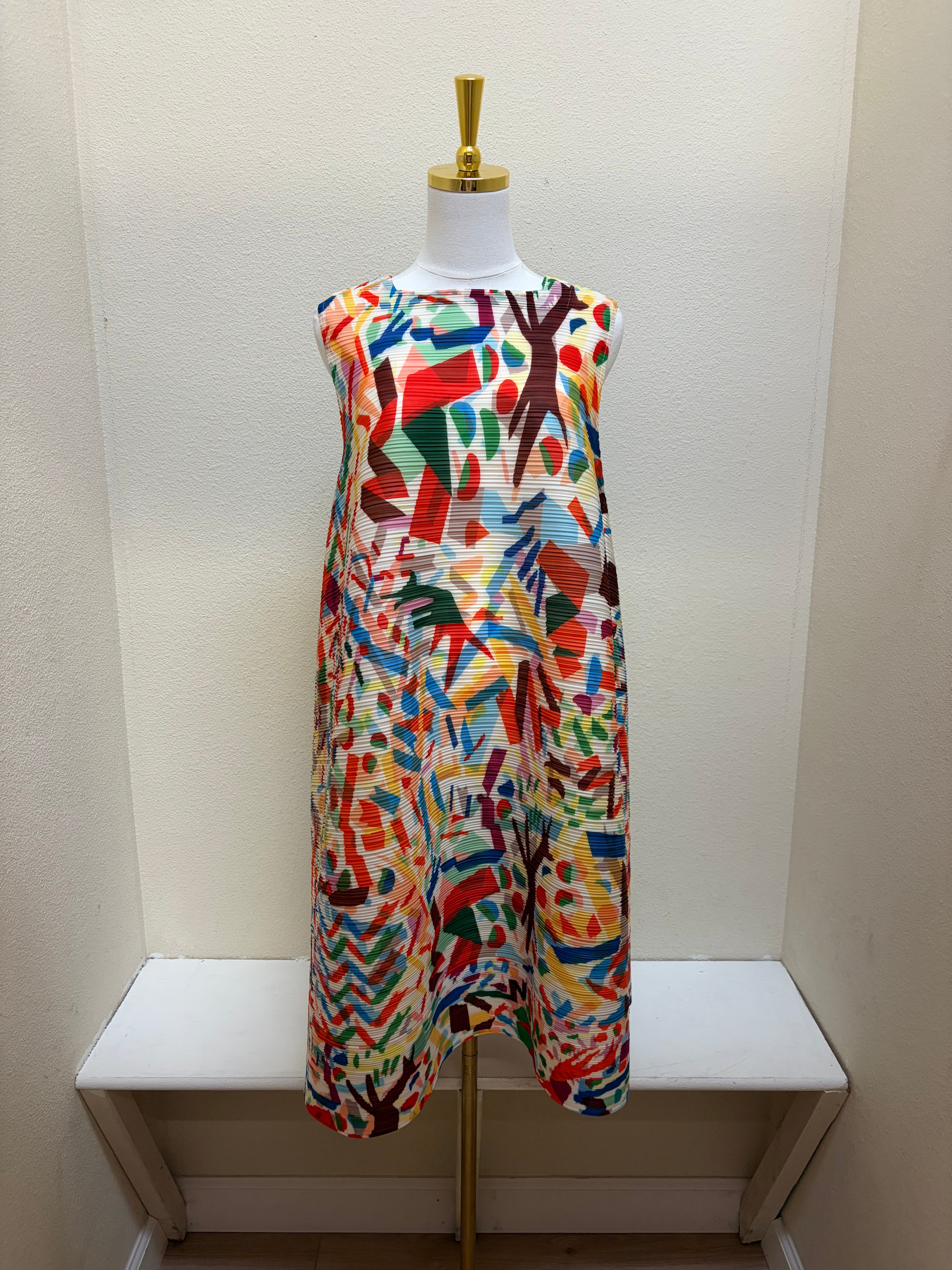 Vanite Couture Abstract Artistic Sleeveless Ribbed Dress - 88636 - CREAM/ORANGE MULTI